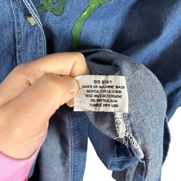 VINTAGE Luna Pier Women’s Oversized Denim Frog Shirt Blue/Green Size XL - Picture 8 of 9